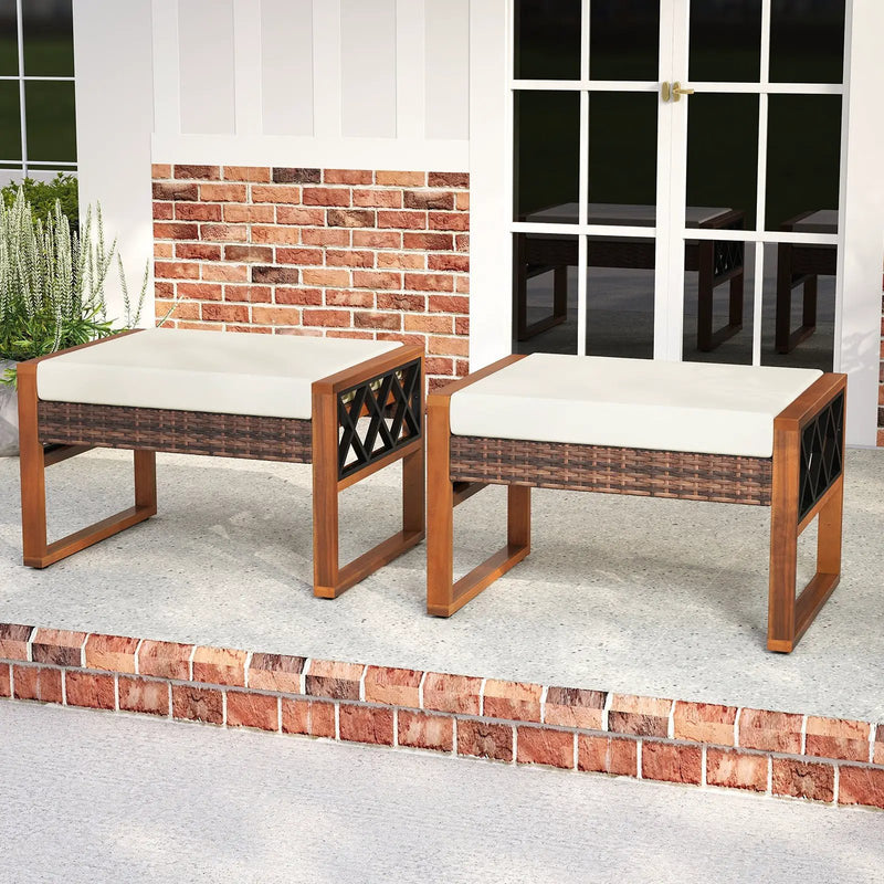 PE Rattan Wicker Ottomans Set of 2 with Removable Cushions-Beige by DirectDeals