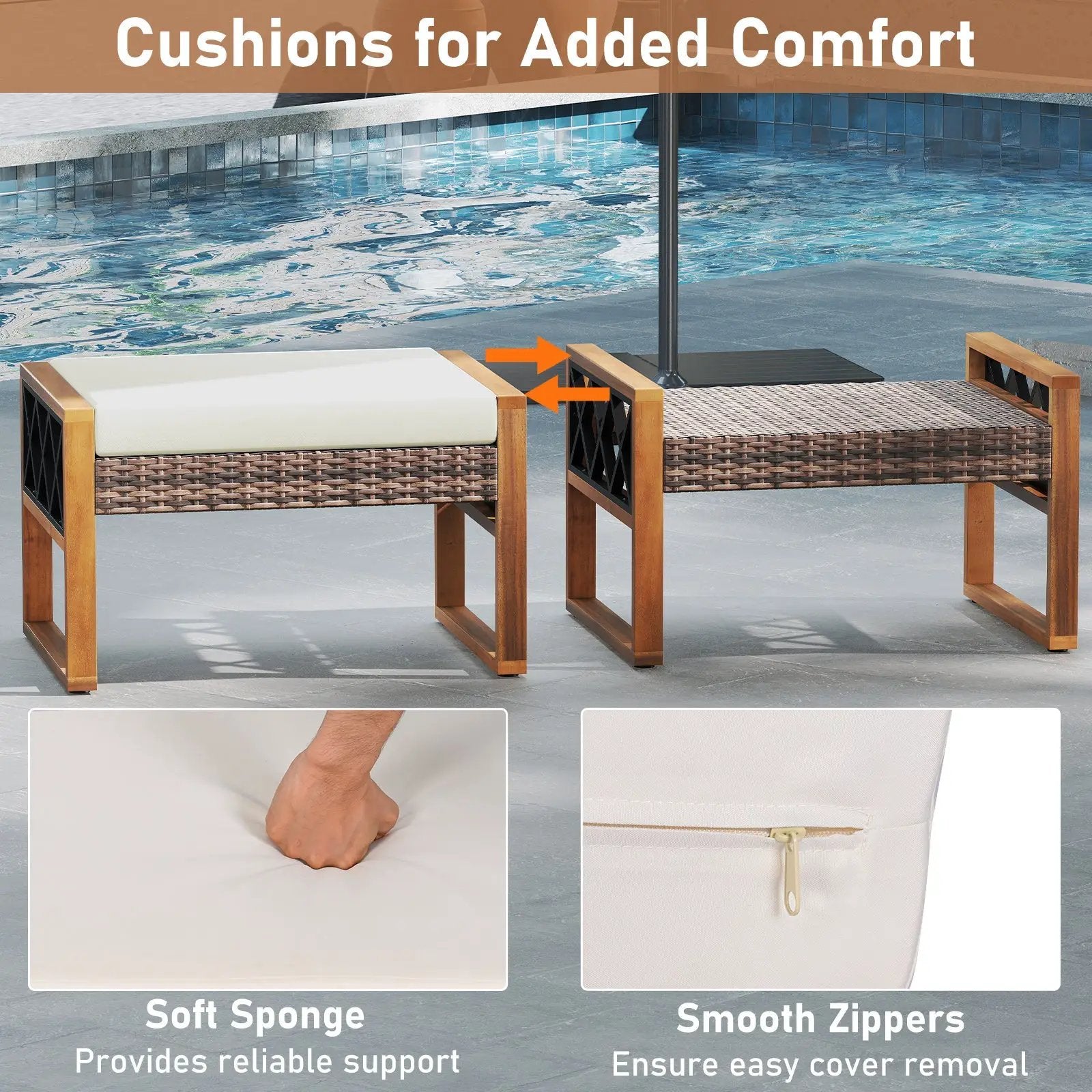 PE Rattan Wicker Ottomans Set of 2 with Removable Cushions-Beige by DirectDeals