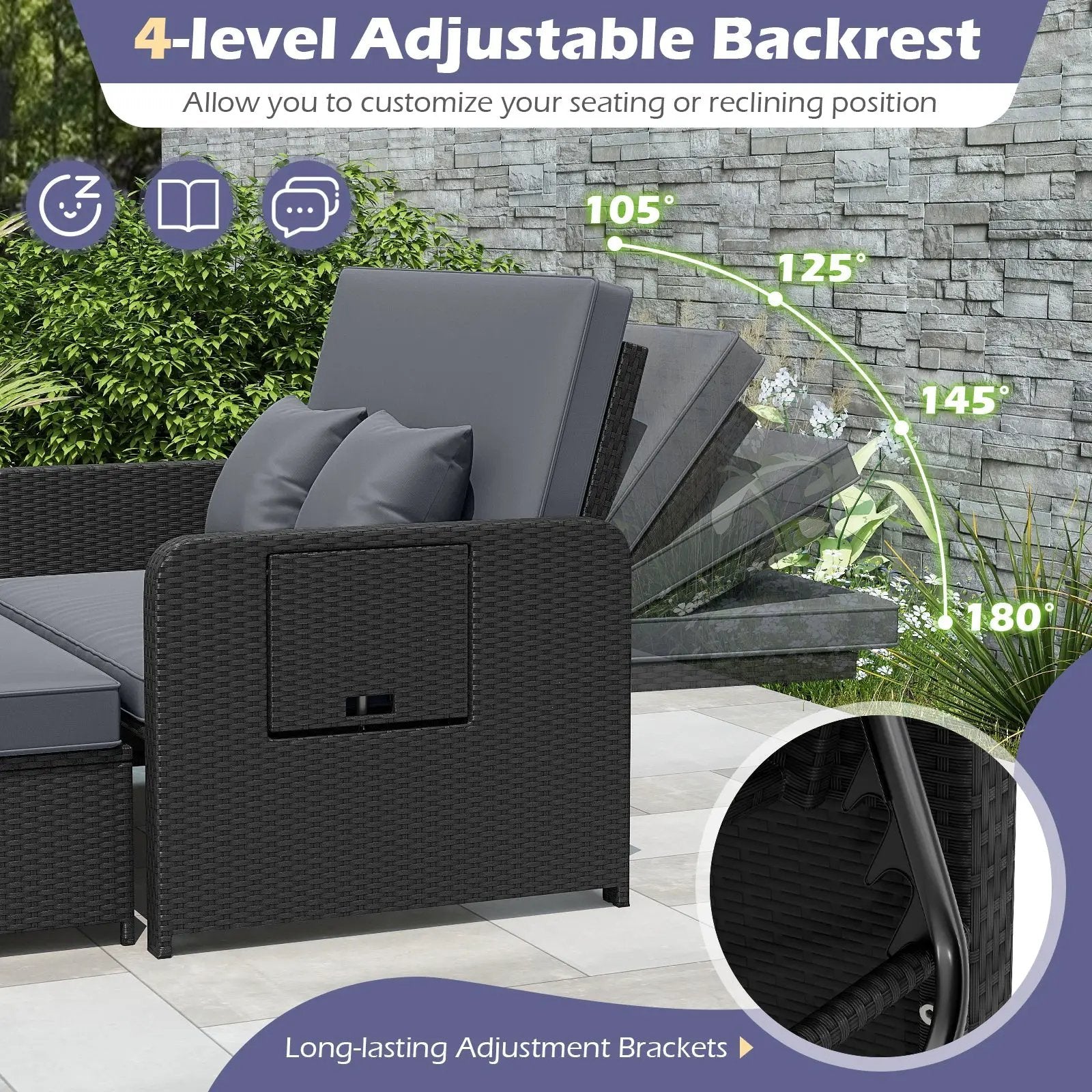 PE Wicker Outdoor Daybed with 4-Level Adjustable Backrest and Storage Ottoman by DirectDeals