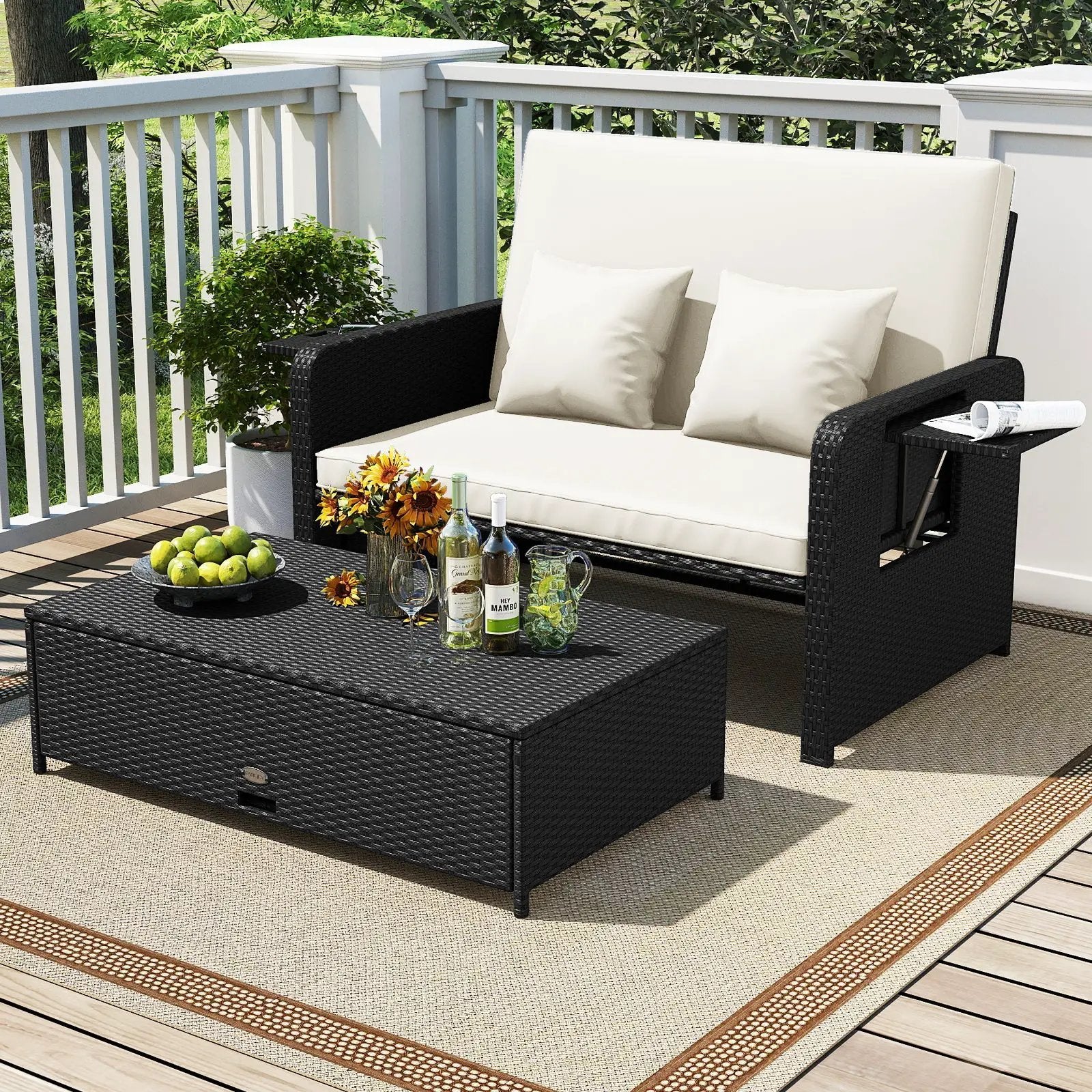 PE Wicker Outdoor Daybed with 4-Level Adjustable Backrest and Storage Ottoman by DirectDeals