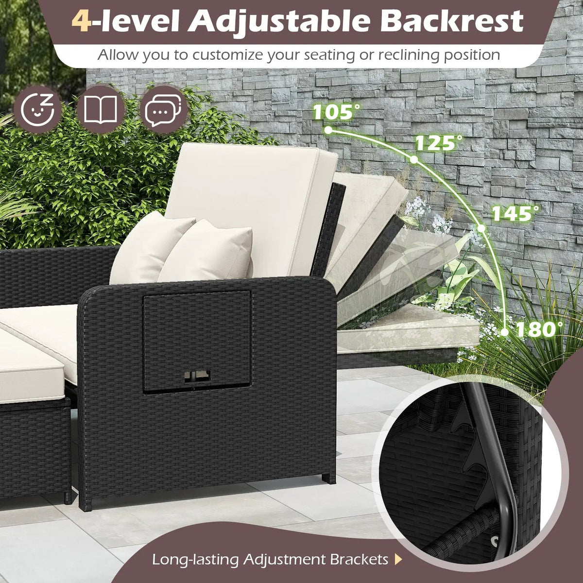 PE Wicker Outdoor Daybed with 4-Level Adjustable Backrest and Storage Ottoman, photo 21 of 24