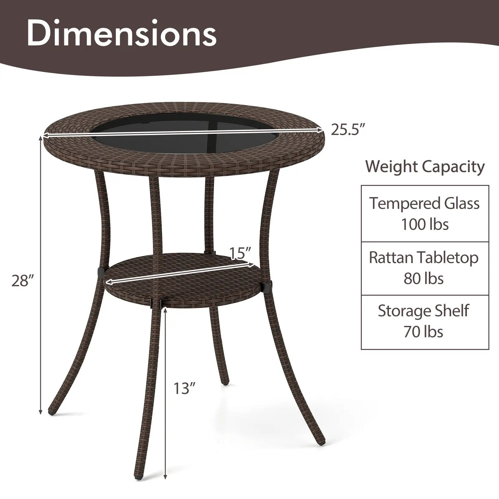 PE Wicker Patio Bistro Table Round with Tempered Glass Top and Shelf by DirectDeals