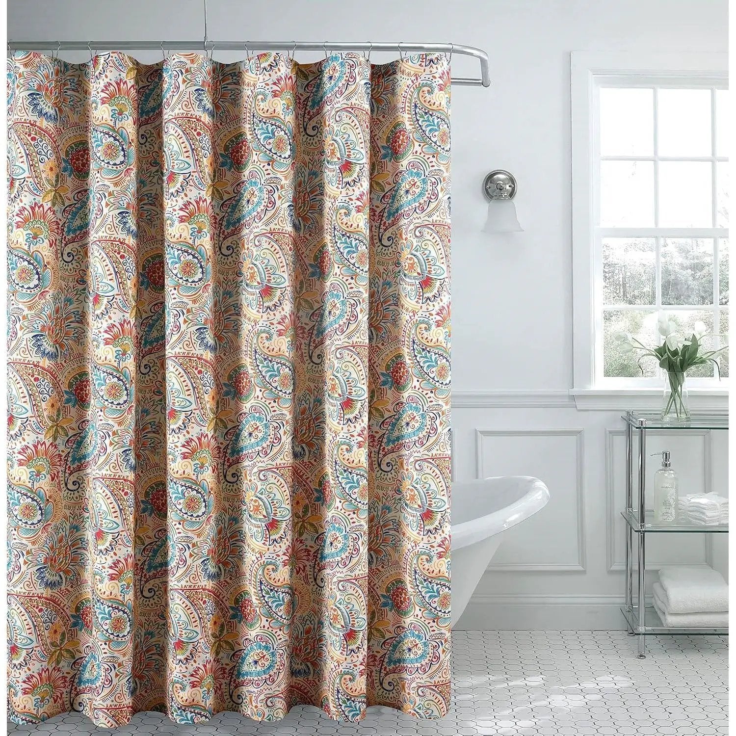72-in. Paisley Polyester Fabric Shower Curtain in Vibrant Teal Red Yellow White by HomePacific