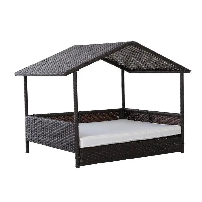 Espresso Wicker Weather Resistant Raised Dog Bed House with 2 in Thick Cushion by HomePacific