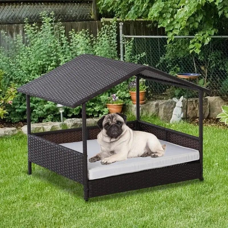 Espresso Wicker Weather Resistant Raised Dog Bed House with 2 in Thick Cushion by HomePacific