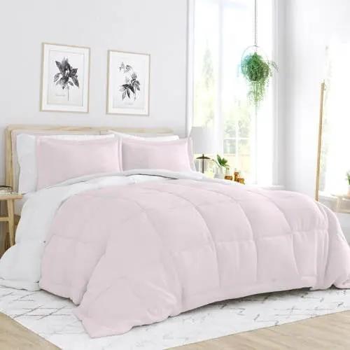 Full/Queen 3-Piece Microfiber Reversible Comforter Set in Blush Pink and White by HomePacific