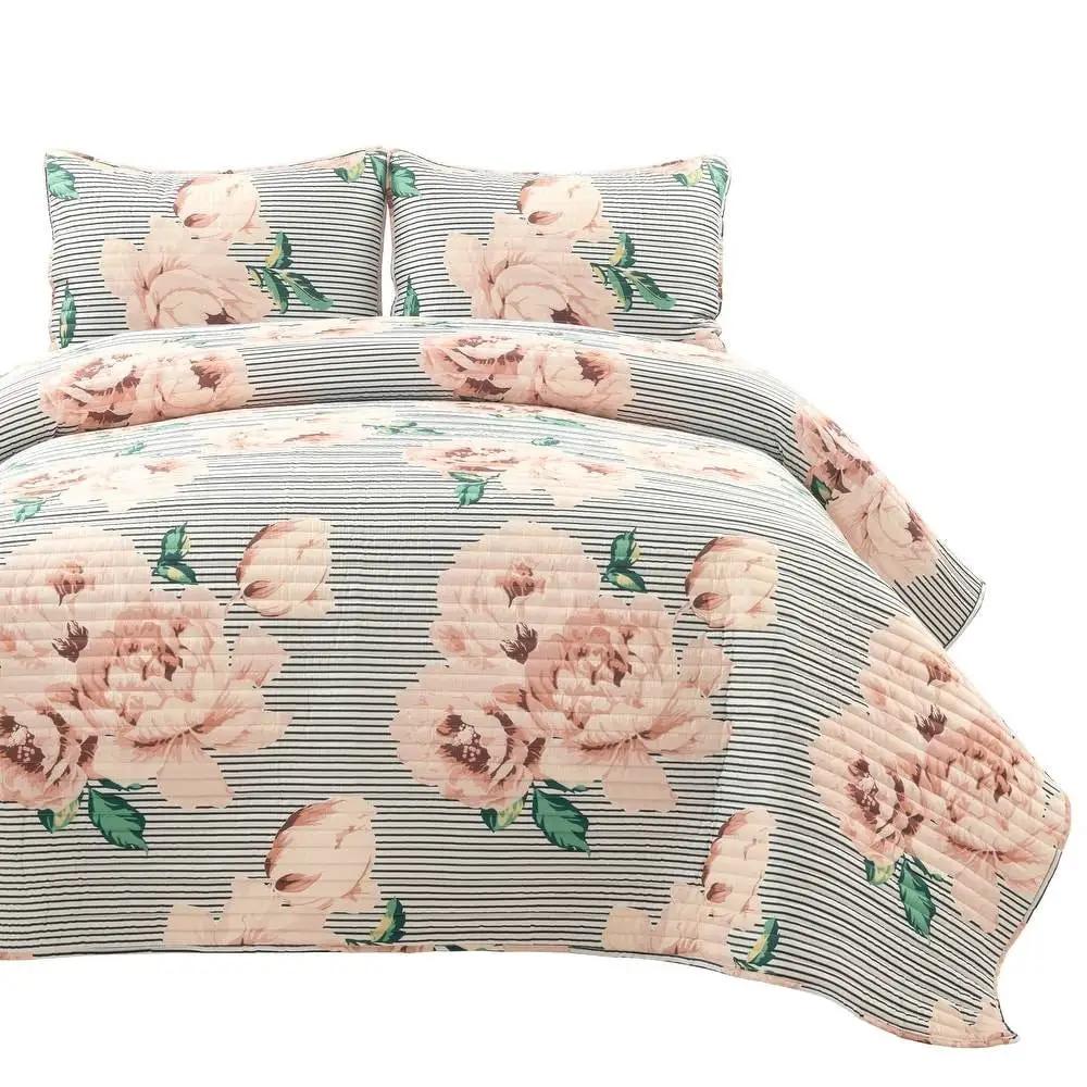 Full/Queen Size Polyester Black White Striped Rose Floral 3 Piece Quilt Set by HomePacific