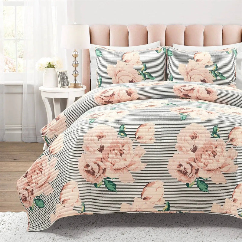 Full/Queen Size Polyester Black White Striped Rose Floral 3 Piece Quilt Set by HomePacific