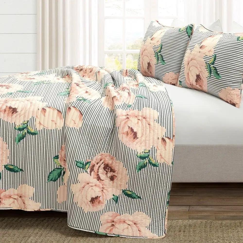 Full/Queen Size Polyester Black White Striped Rose Floral 3 Piece Quilt Set by HomePacific