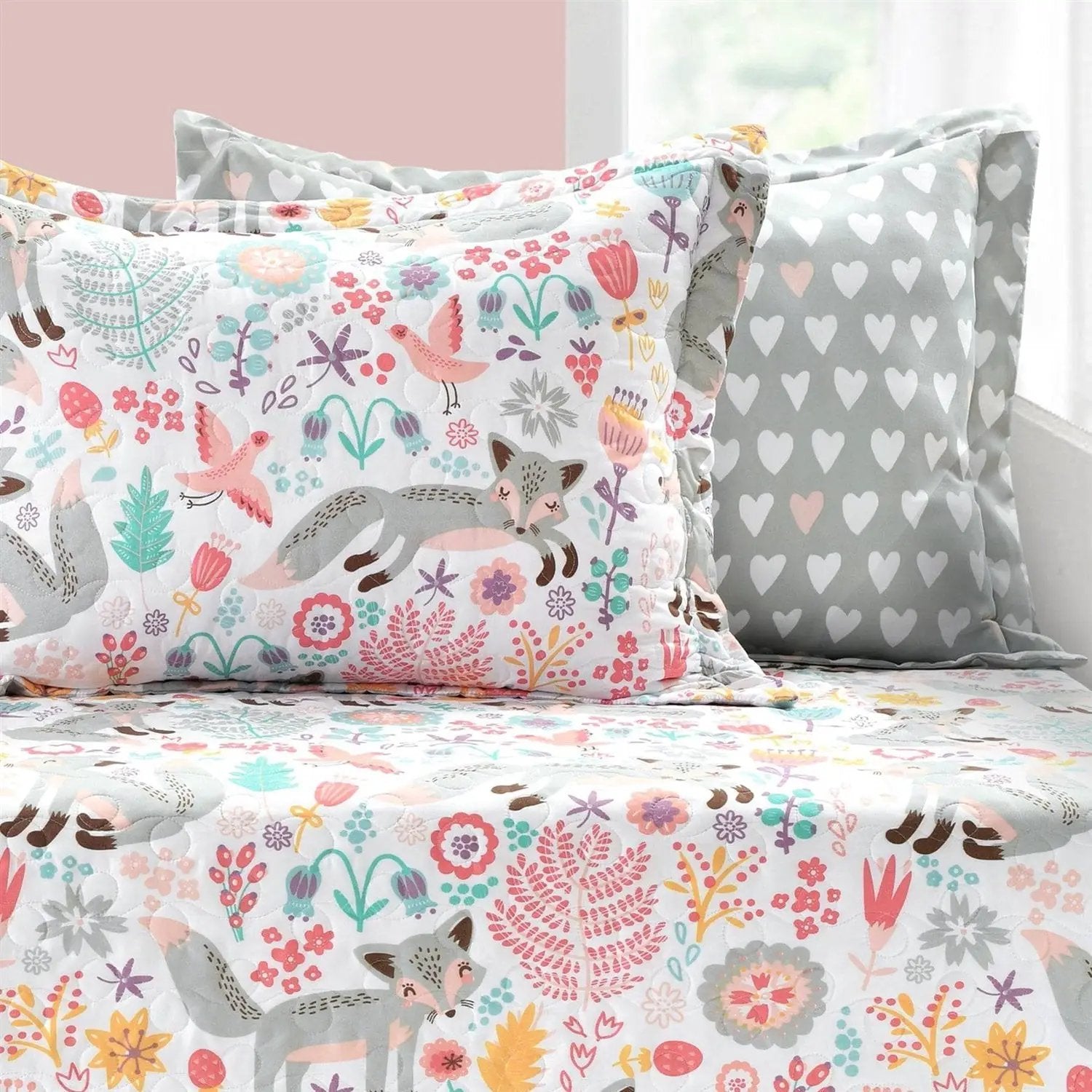 Pink Teal Orange Grey 6 Piece Floral Foxes Daybed Cover Bedding Set by HomePacific