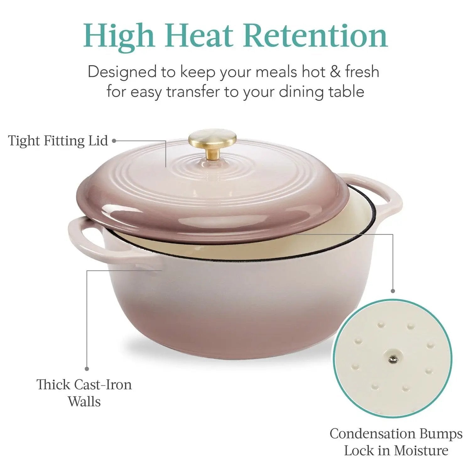 6 Quart Large Pink Beige Off-White Enamel Cast-Iron Dutch Oven Kitchen Cookware by HomePacific