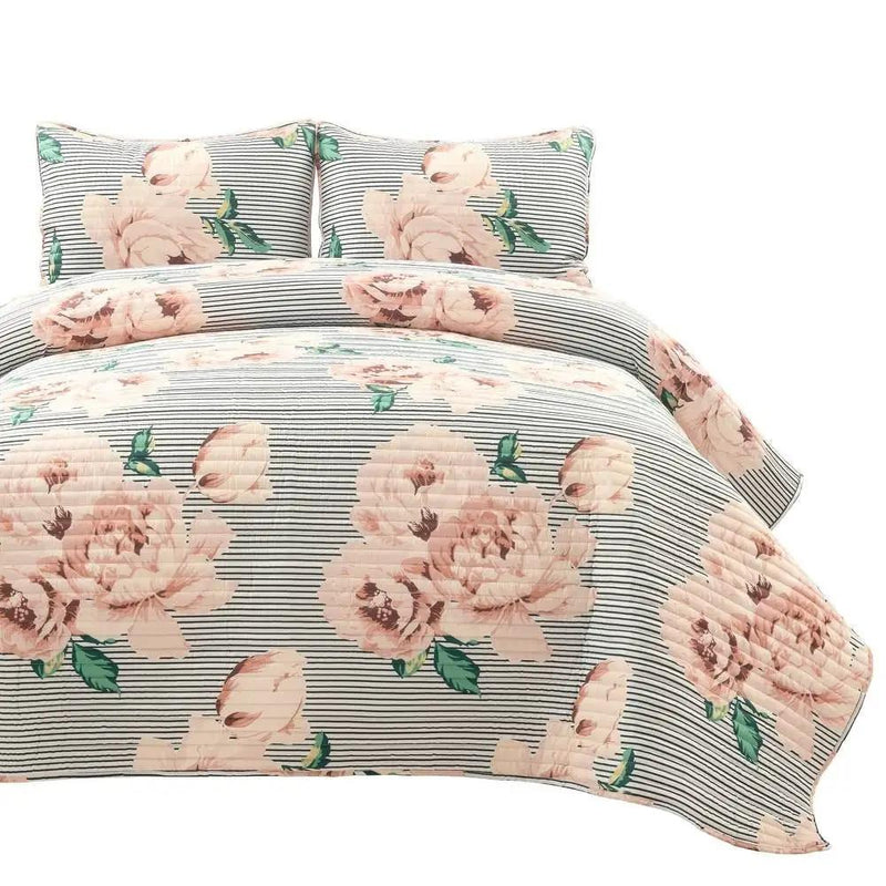 King Size Polyester Black White Striped Rose Floral 3 Piece Quilt Set by HomePacific