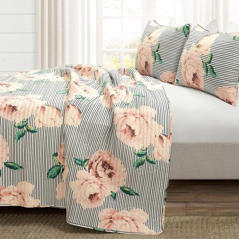King Size Polyester Black White Striped Rose Floral 3 Piece Quilt Set by HomePacific