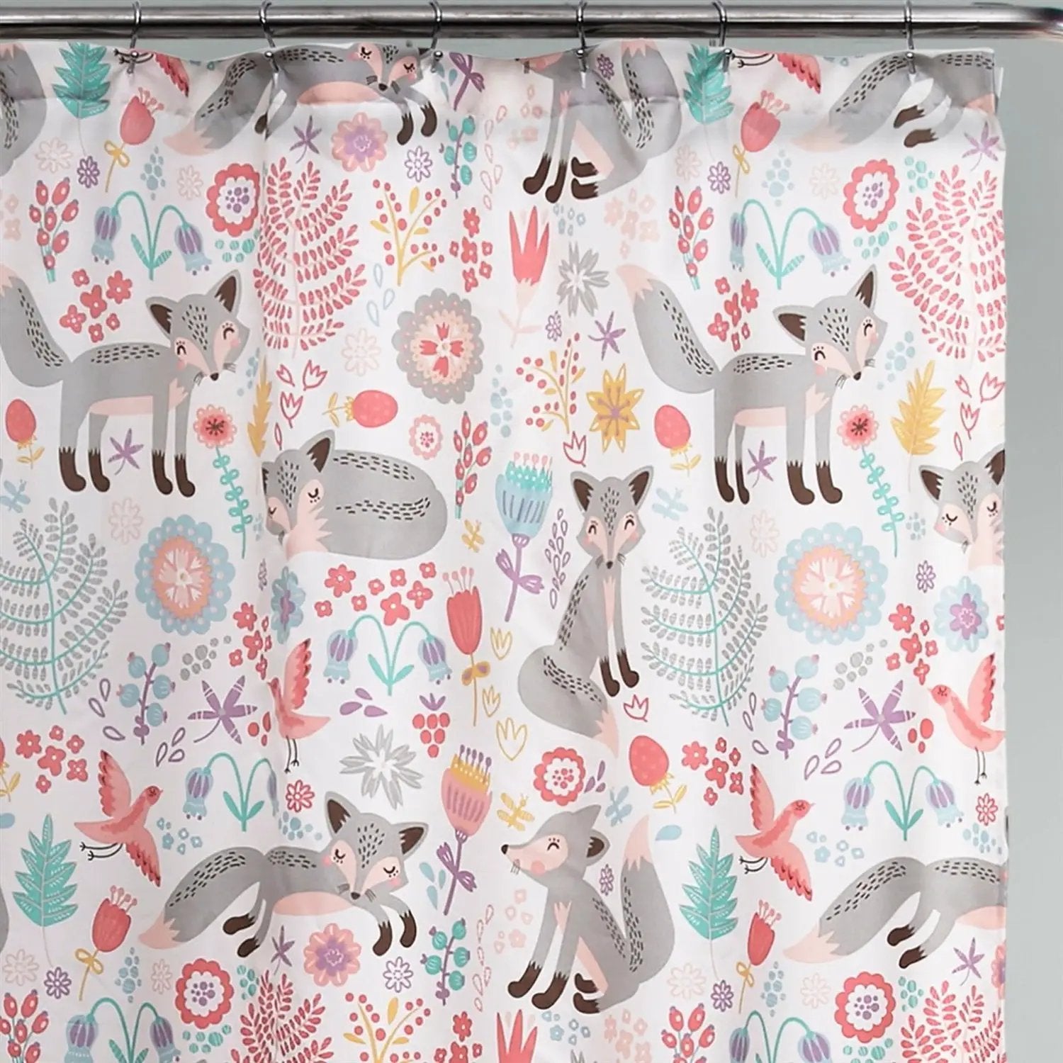 72-inch Pink Grey Teal Floral Fox Birds Polyester Shower Curtain by HomePacific