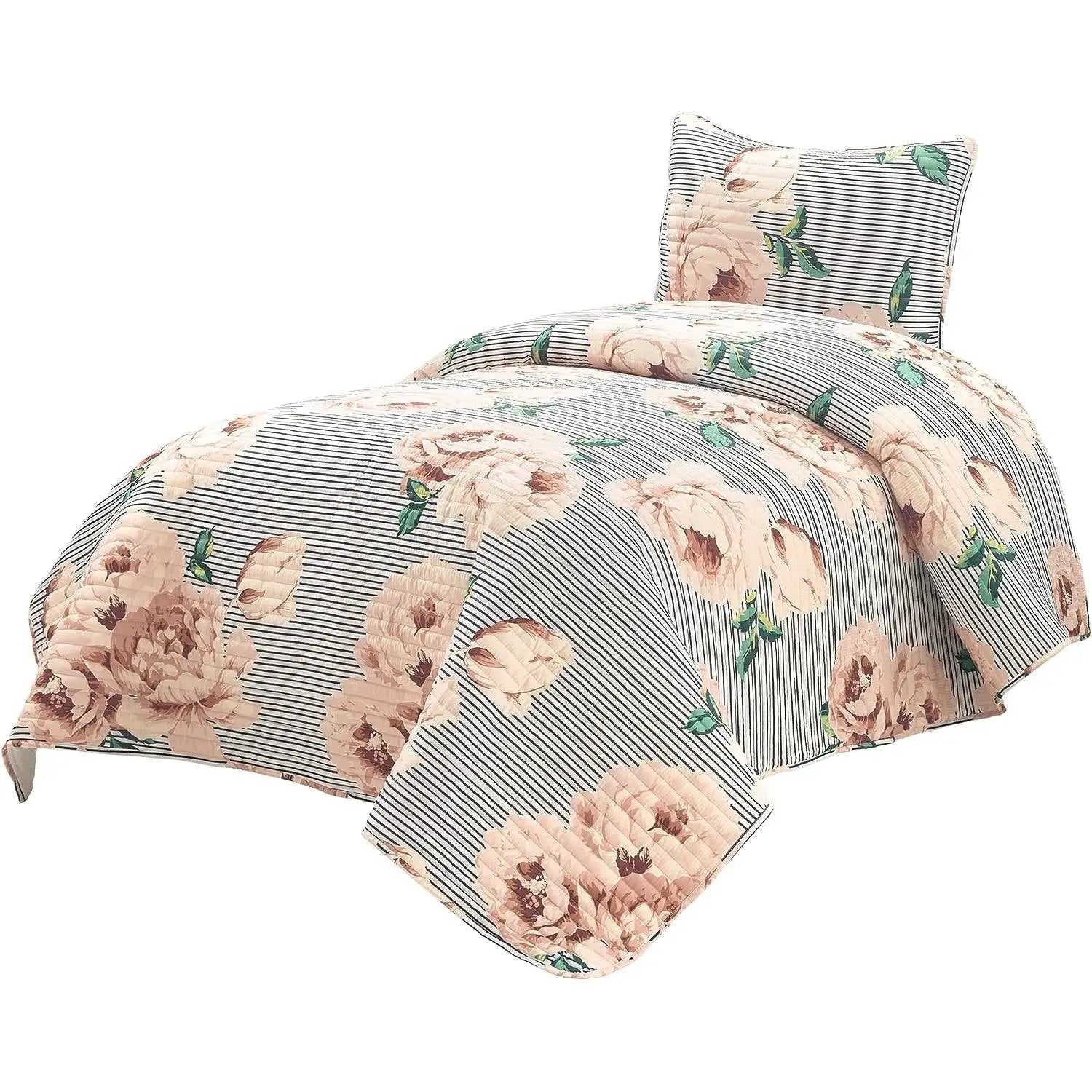 Twin/Twin XL Size Polyester Black White Striped Rose Floral 2 Piece Quilt Set by HomePacific