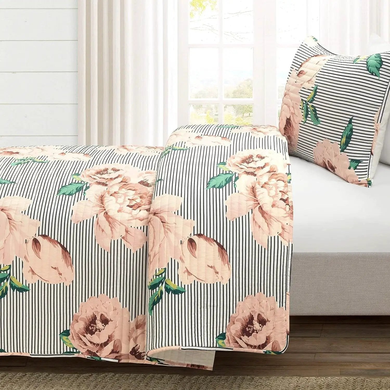 Twin/Twin XL Size Polyester Black White Striped Rose Floral 2 Piece Quilt Set by HomePacific