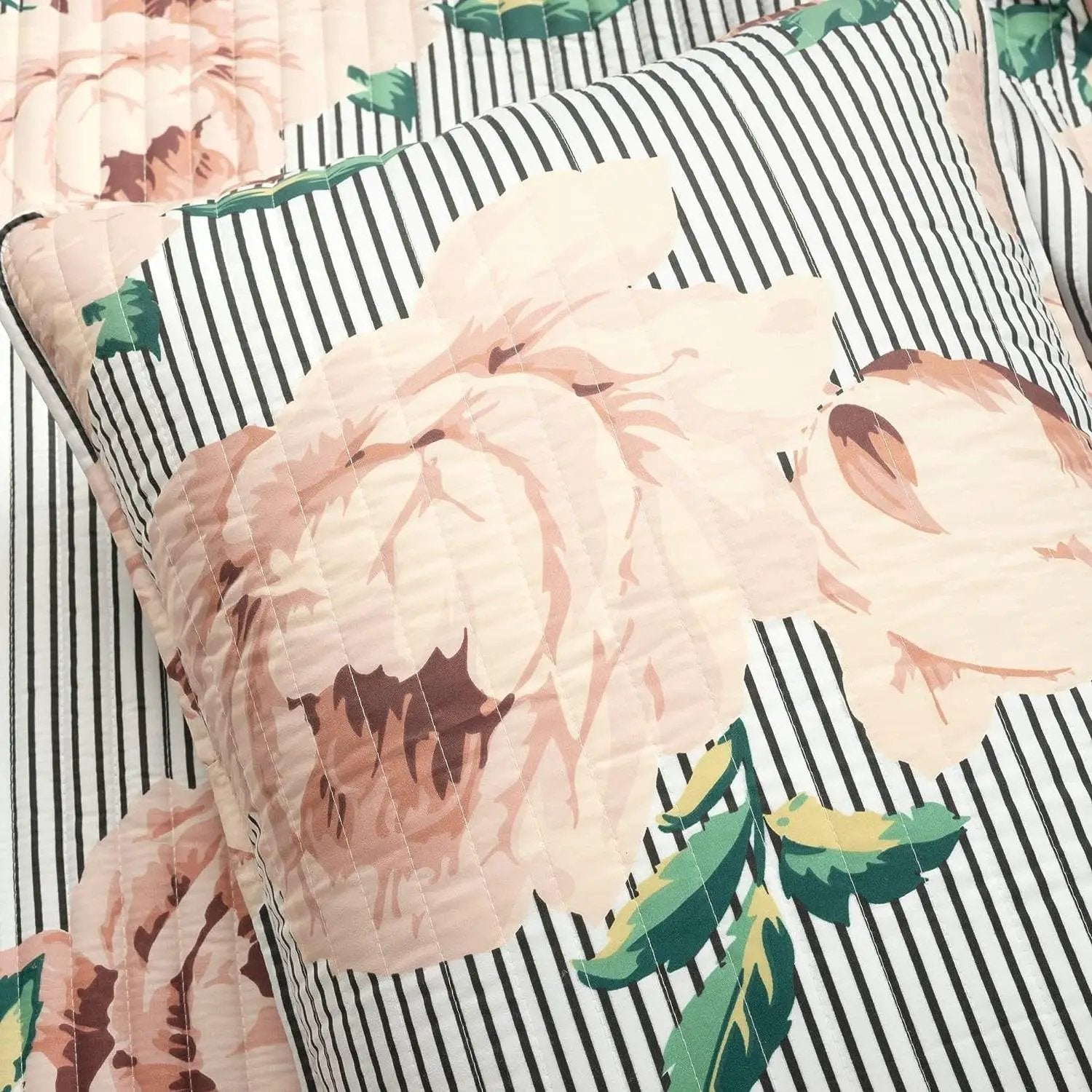 Twin/Twin XL Size Polyester Black White Striped Rose Floral 2 Piece Quilt Set by HomePacific
