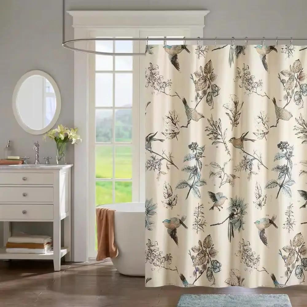 72-inch Beige Khaki Cotton Shower Curtain with Vintage Birds Leaf Floral Print by HomePacific
