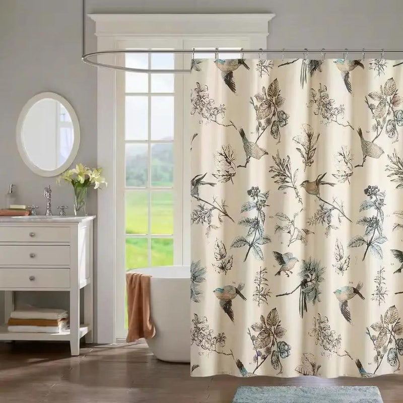 72-inch Beige Khaki Cotton Shower Curtain with Vintage Birds Leaf Floral Print by HomePacific
