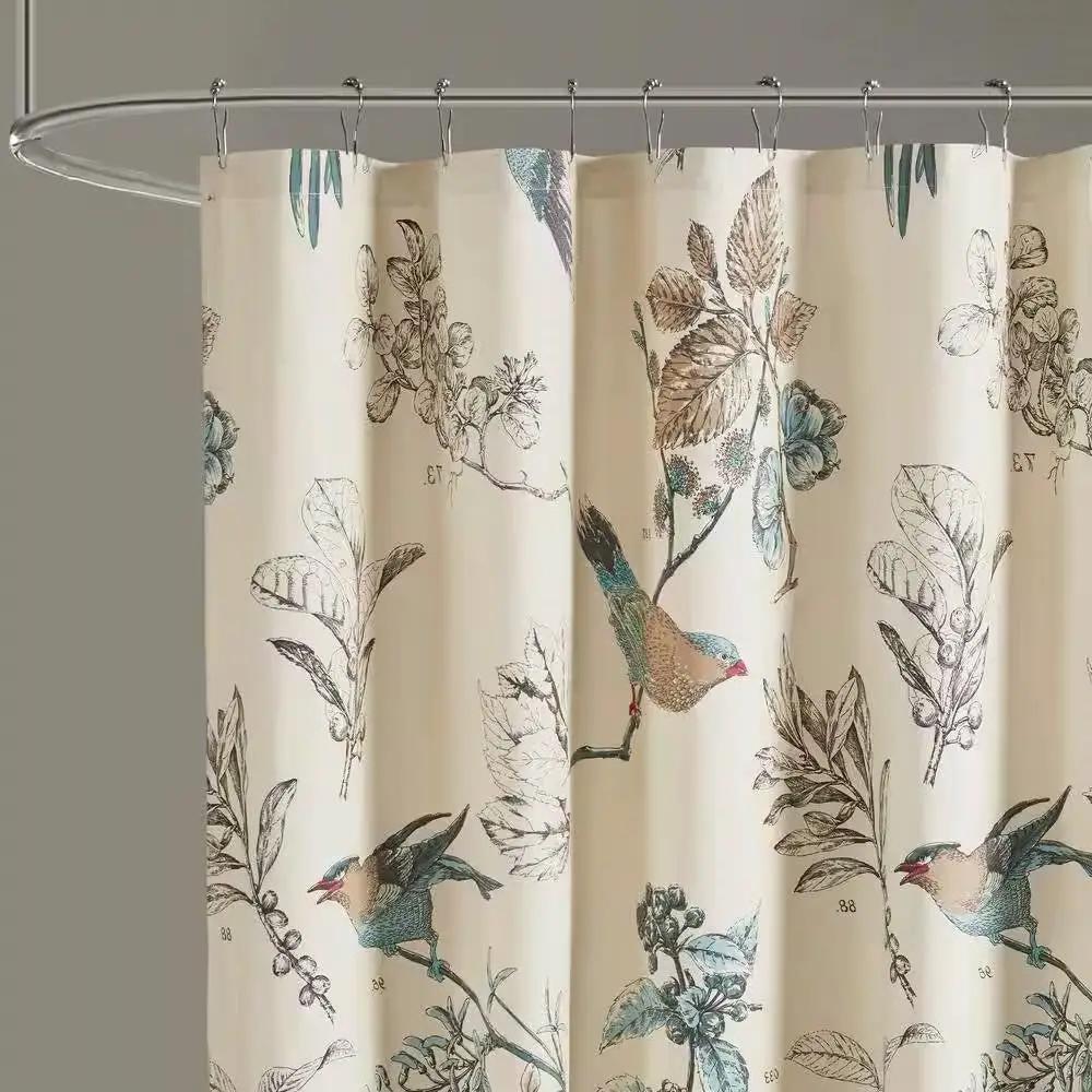 72-inch Beige Khaki Cotton Shower Curtain with Vintage Birds Leaf Floral Print by HomePacific
