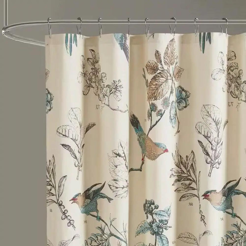72-inch Beige Khaki Cotton Shower Curtain with Vintage Birds Leaf Floral Print by HomePacific