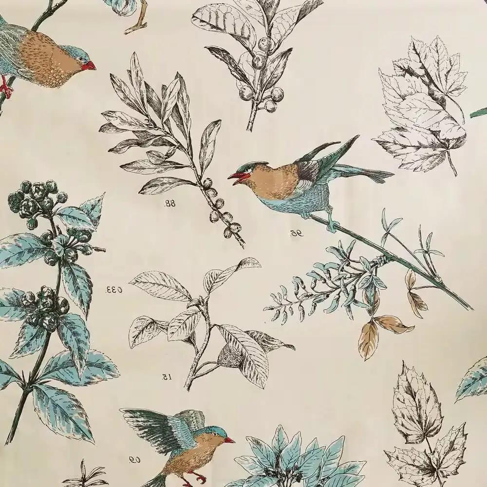 72-inch Beige Khaki Cotton Shower Curtain with Vintage Birds Leaf Floral Print by HomePacific
