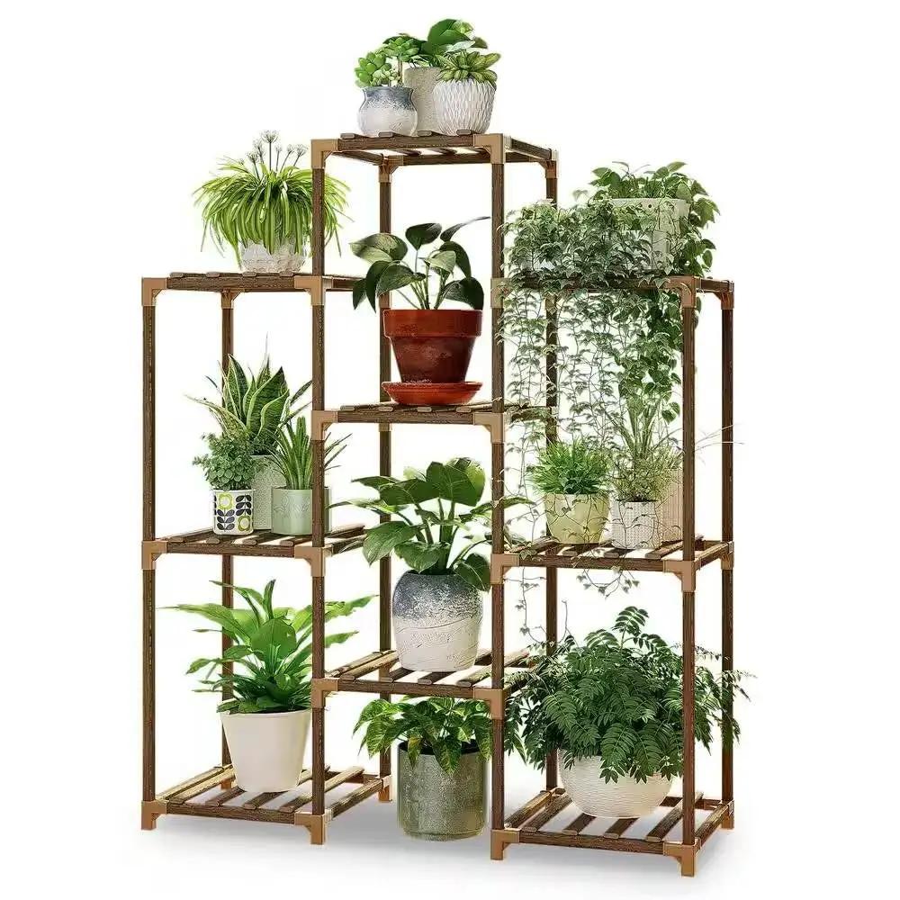Natural Wood Bookcase Plant Stand Shelving Rack - Holds up to 9 Planters by HomePacific