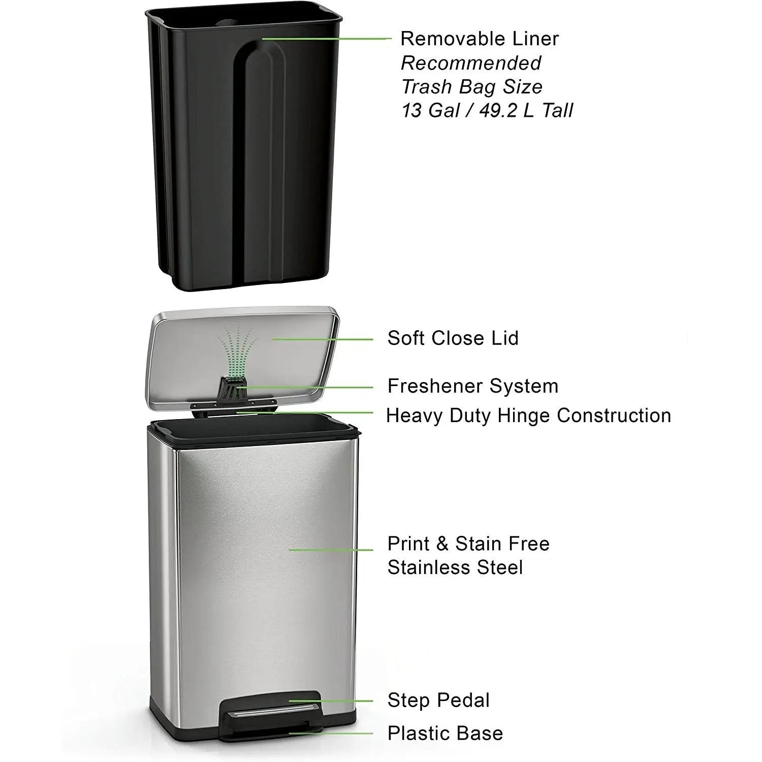 13-Gallon Kitchen Trash Can with Step Lid Stainless Steel by HomePacific