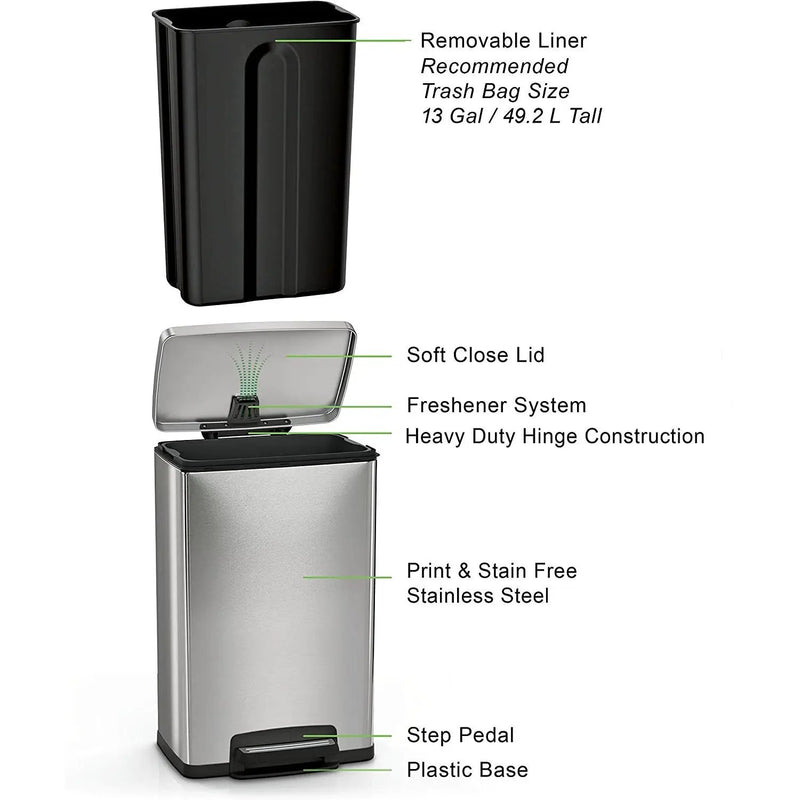 13-Gallon Kitchen Trash Can with Step Lid Stainless Steel by HomePacific