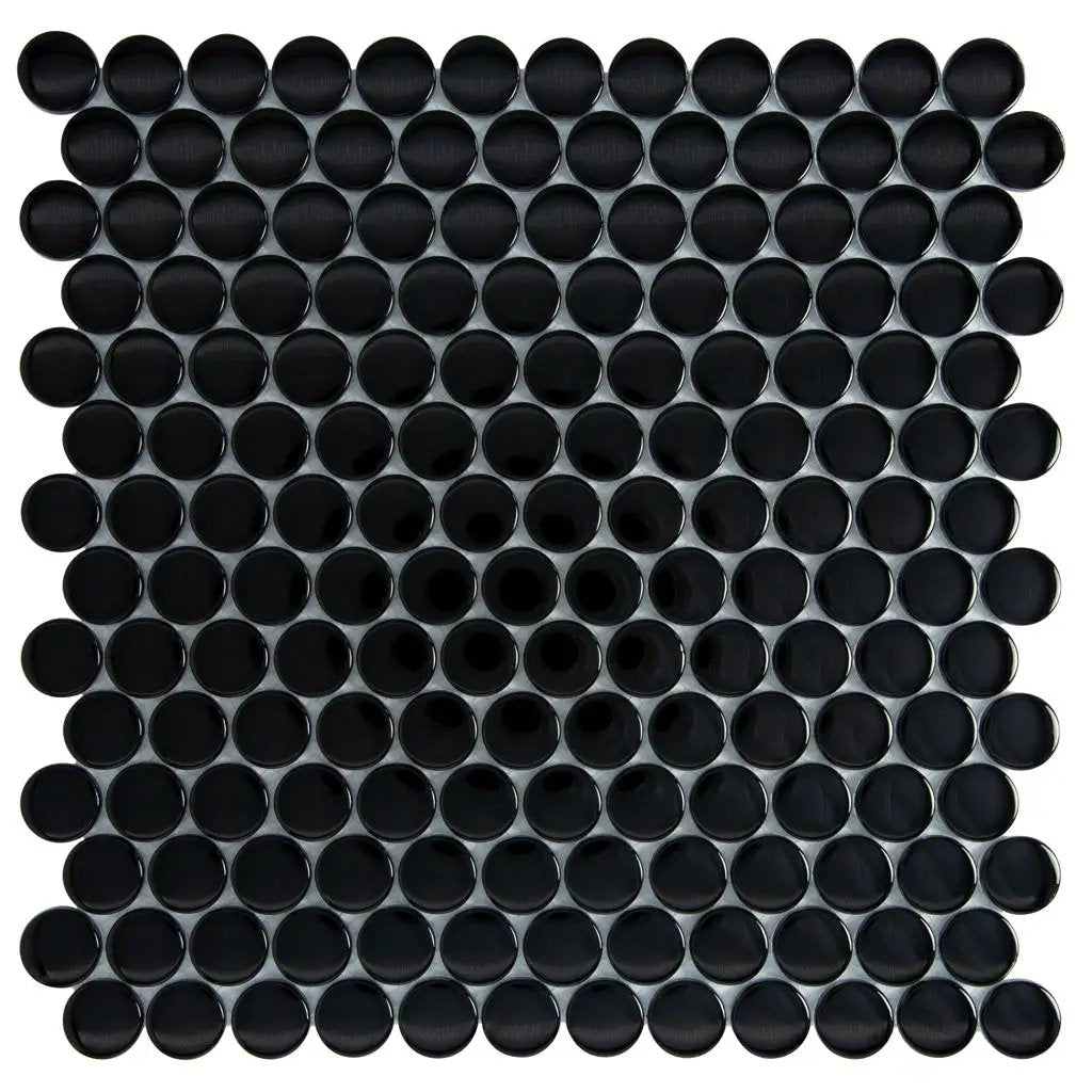 Black 12x12 Glossy Penny Round Glass Mosaic Tile (5 pack, 5 sq ft/case) by Apollo Tile