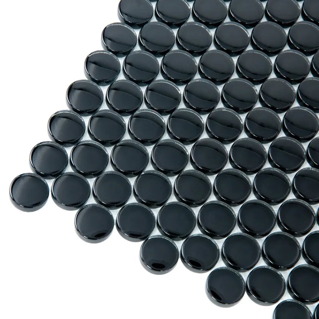 Black 12x12 Glossy Penny Round Glass Mosaic Tile (5 pack, 5 sq ft/case) by Apollo Tile