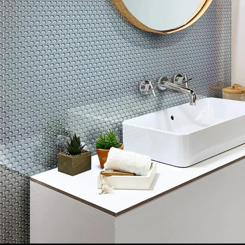 Gray 12x12 Glossy Penny Round Glass Mosaic Tile (5 pack, 5 sq ft/case) by Apollo Tile