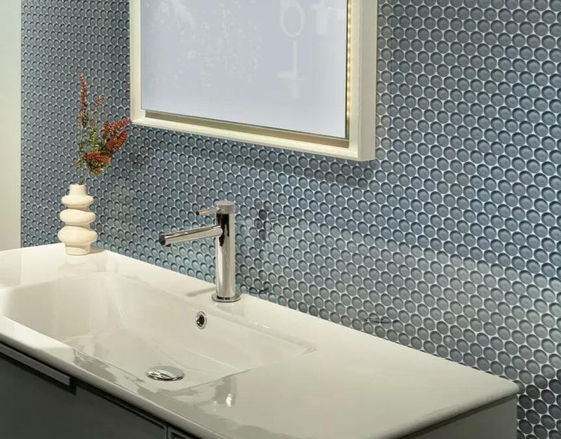 Stone Blue 12x12 Glossy Penny Round Glass Mosaic Tile (5 pack, 5 sq ft/case) by Apollo Tile