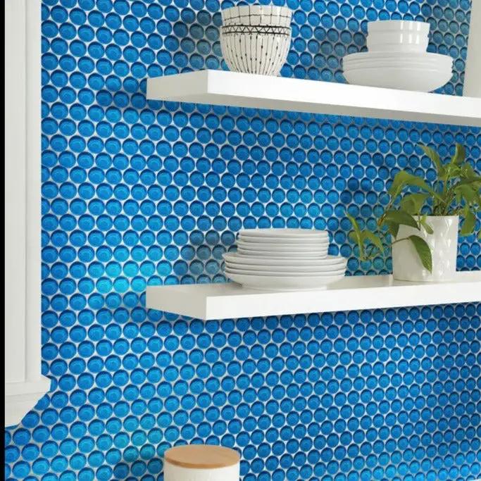 Cerulean Blue 12x12 Glossy Penny Round Glass Mosaic Tile (5 pack, 5 sq ft/case) by Apollo Tile