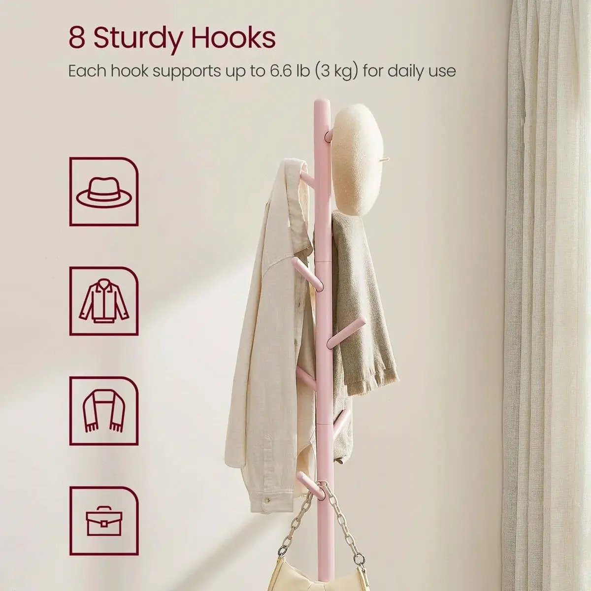 Modern Solid Wood Coat Rack Entryway Hall Tree Hat Stand in Pink by HomePacific