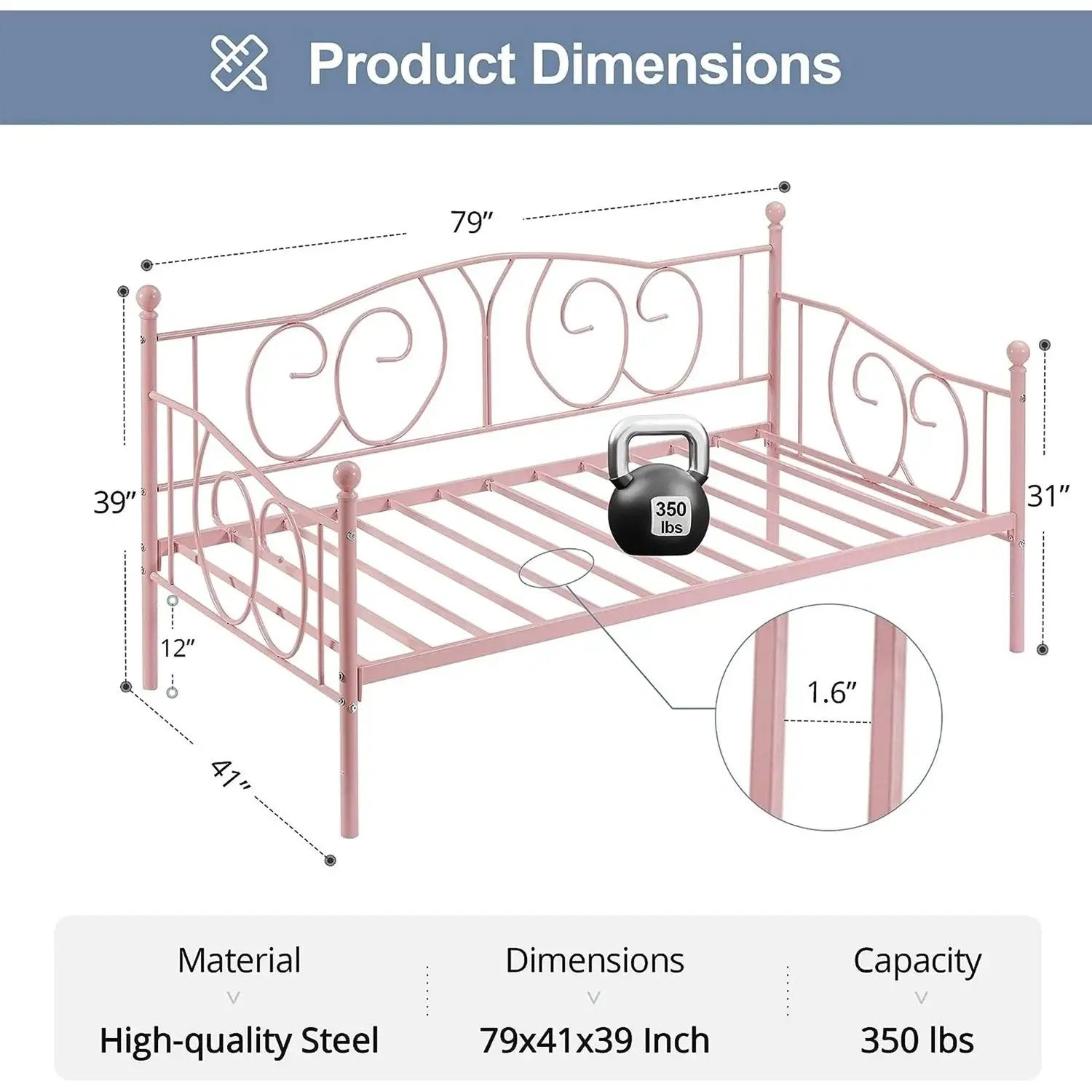 Twin size Victorian Pink Metal Daybed Frame - 350 lbs. Weight Capacity by HomePacific