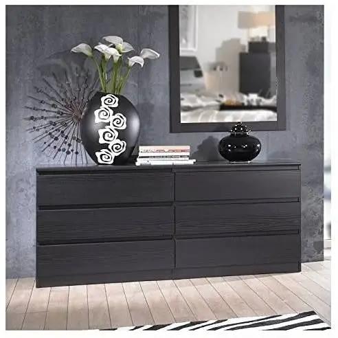 Modern 6 Drawer Double Dresser in Black Woodgrain Finish by HomePacific
