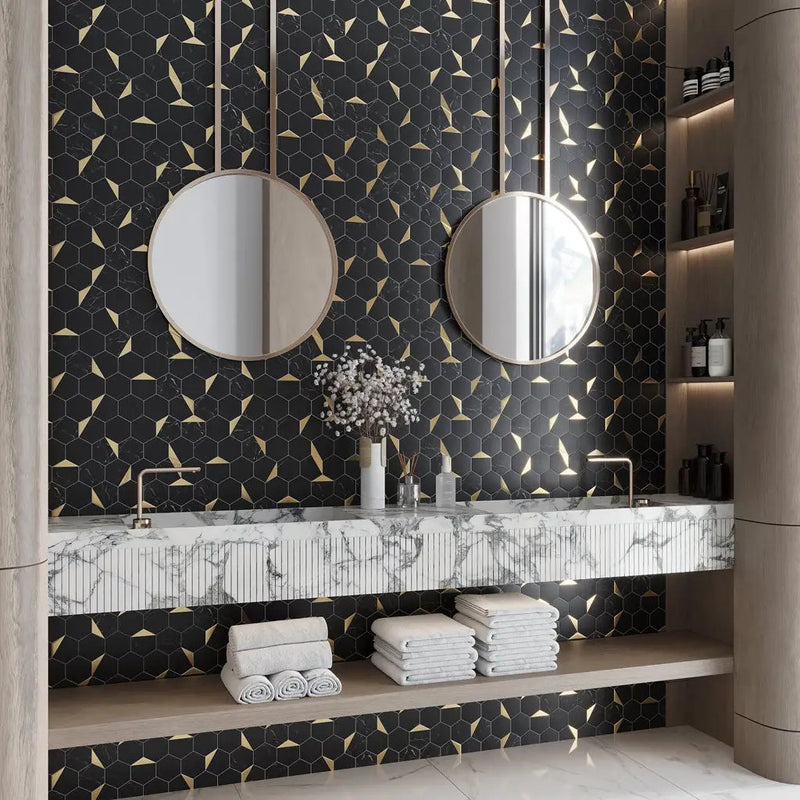 Black Gold 12x12 Honed Hexagon PVC Peel & Stick Tile (10 pack, 8.3 sq ft/case) by Apollo Tile