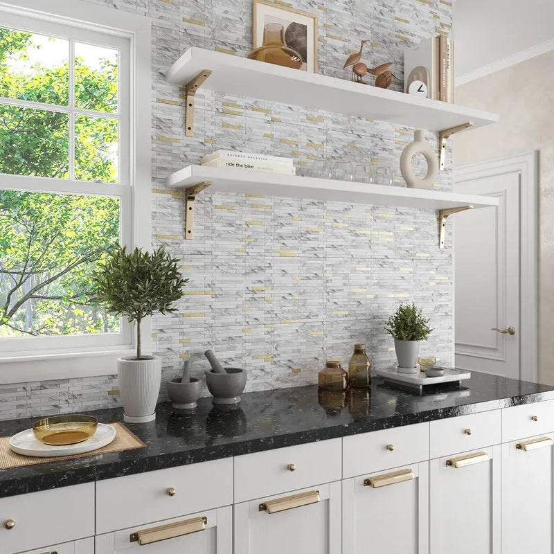 White Gold 10x12 Polished Brick PVC Peel & Stick Tile (10 pack, 9.26 sq ft/case) by Apollo Tile