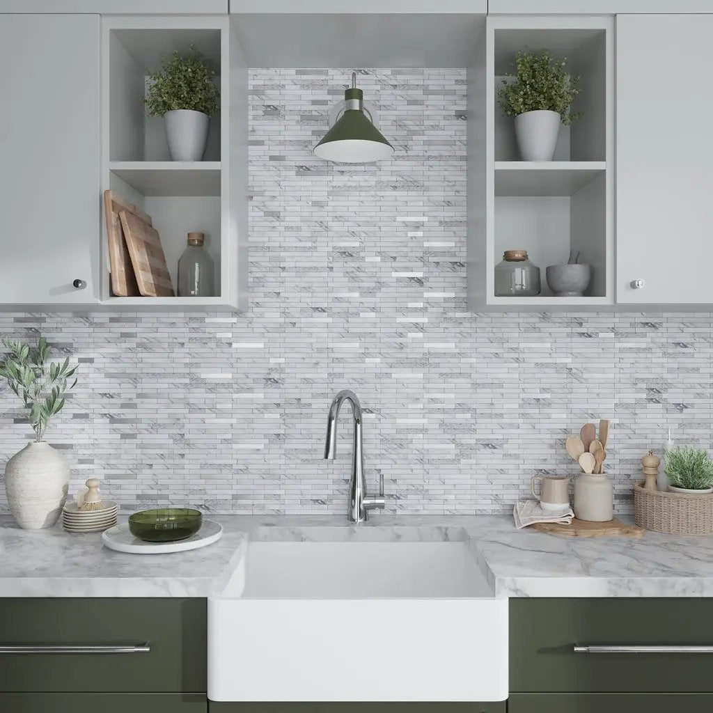 White Silver 10x12 Polished Brick PVC Peel & Stick Tile (10 pack, 9.26 sq ft/case) by Apollo Tile
