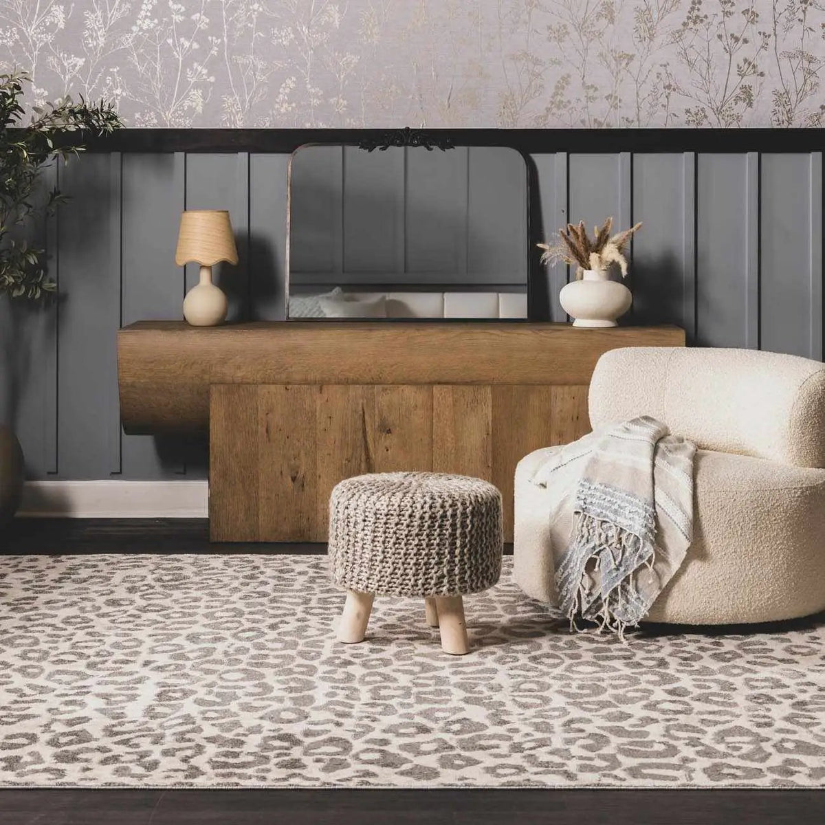 Beige Liversedge Leopard Print Area Rug, installed in a room