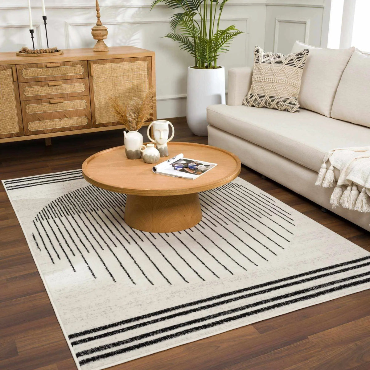 Angus Abstract Black and White Area Rug, installed in a room 4
