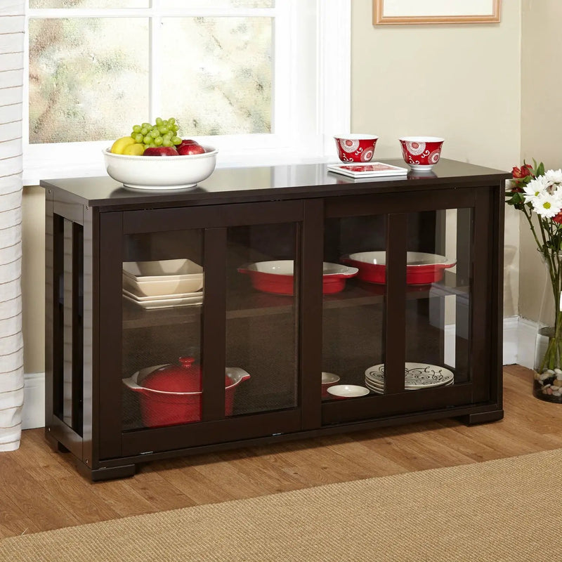 Espresso Sideboard Buffet Dining Kitchen Cabinet with 2 Glass Sliding Doors by HomePacific