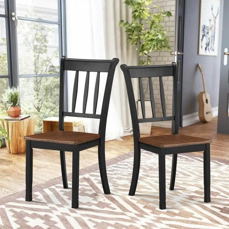 Set of 2 Solid Wood Black Mission Style Armless Dining Chairs with Brown Seat by HomePacific