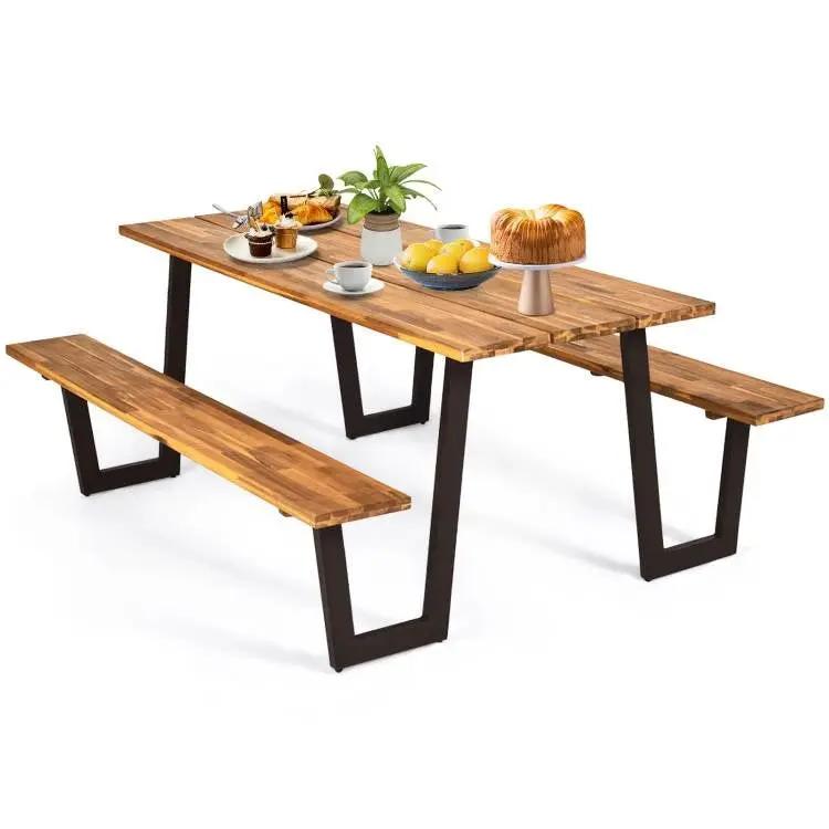 Modern Wooden Picnic Table with 2 Benches Outdoor Patio Dining Set by HomePacific