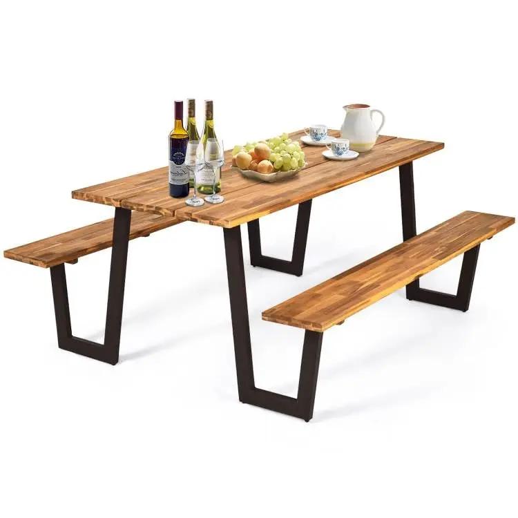 Modern Wooden Picnic Table with 2 Benches Outdoor Patio Dining Set by HomePacific