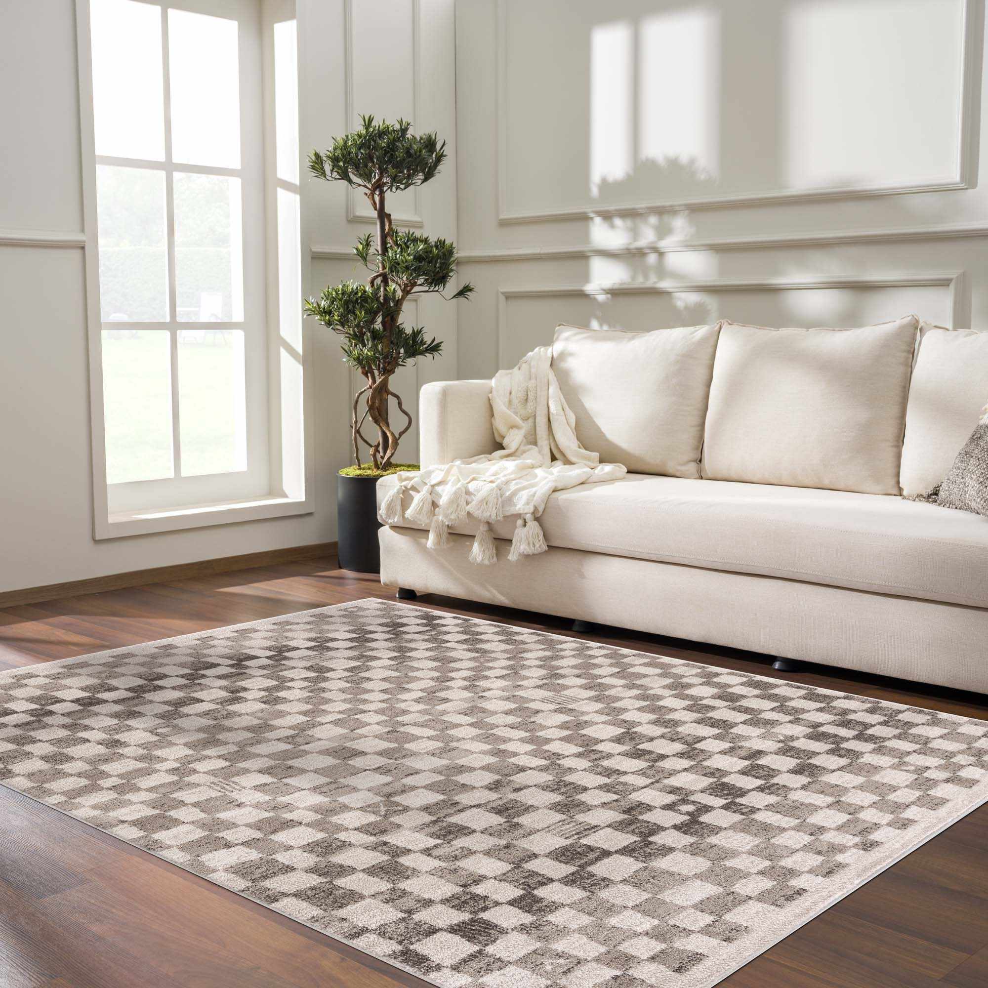 Benjy Irregular Checkboard Rug - Beige by Boutique Rugs