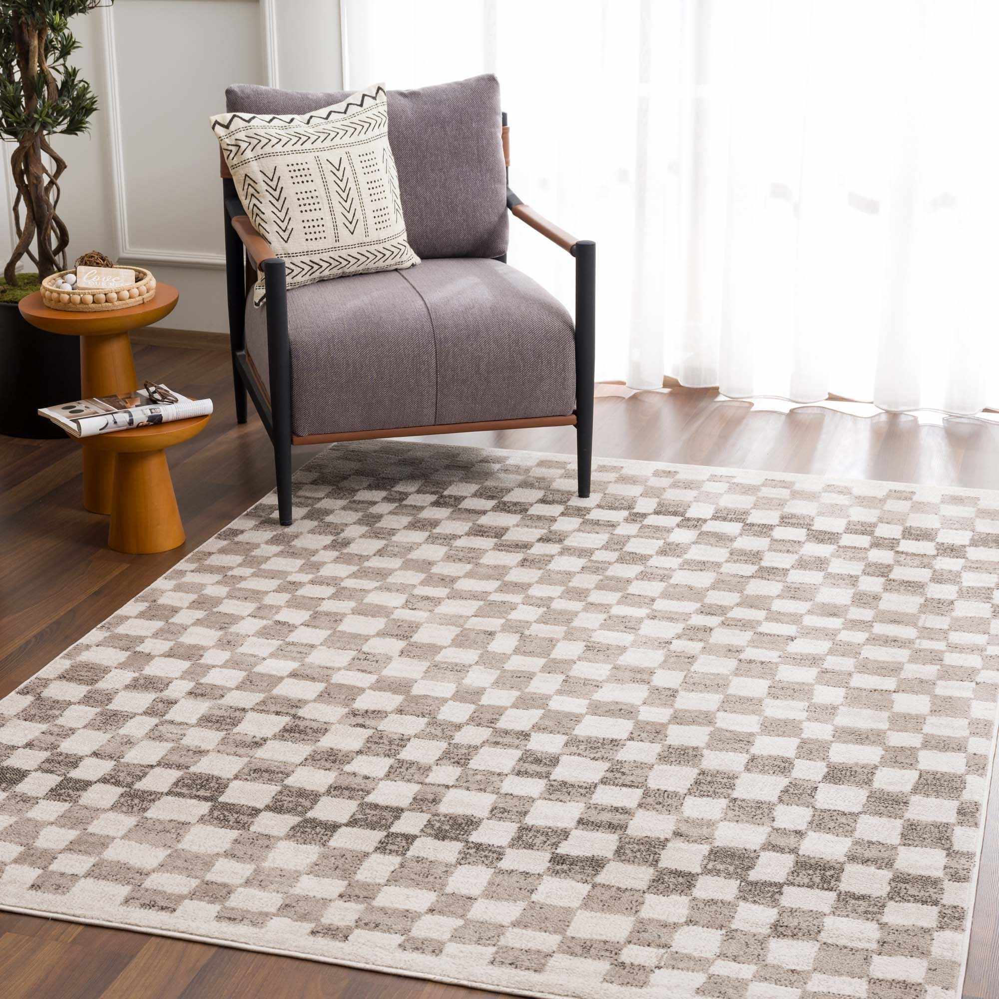 Benjy Beige Checkered Area Rug by Hauteloom