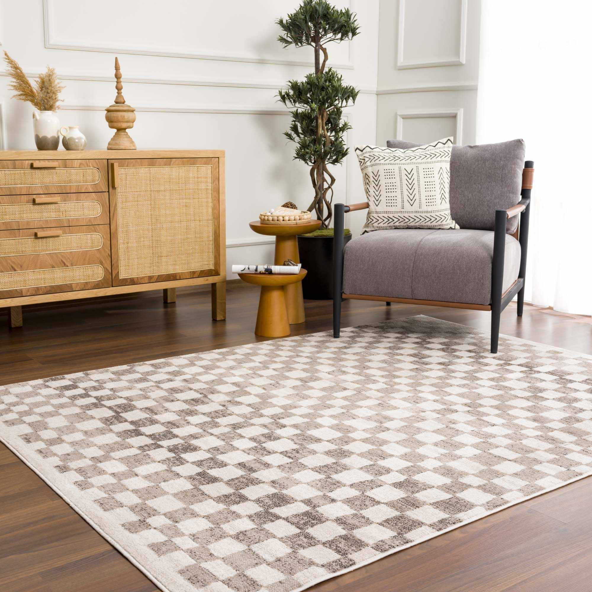 Benjy Beige Checkered Area Rug by Hauteloom