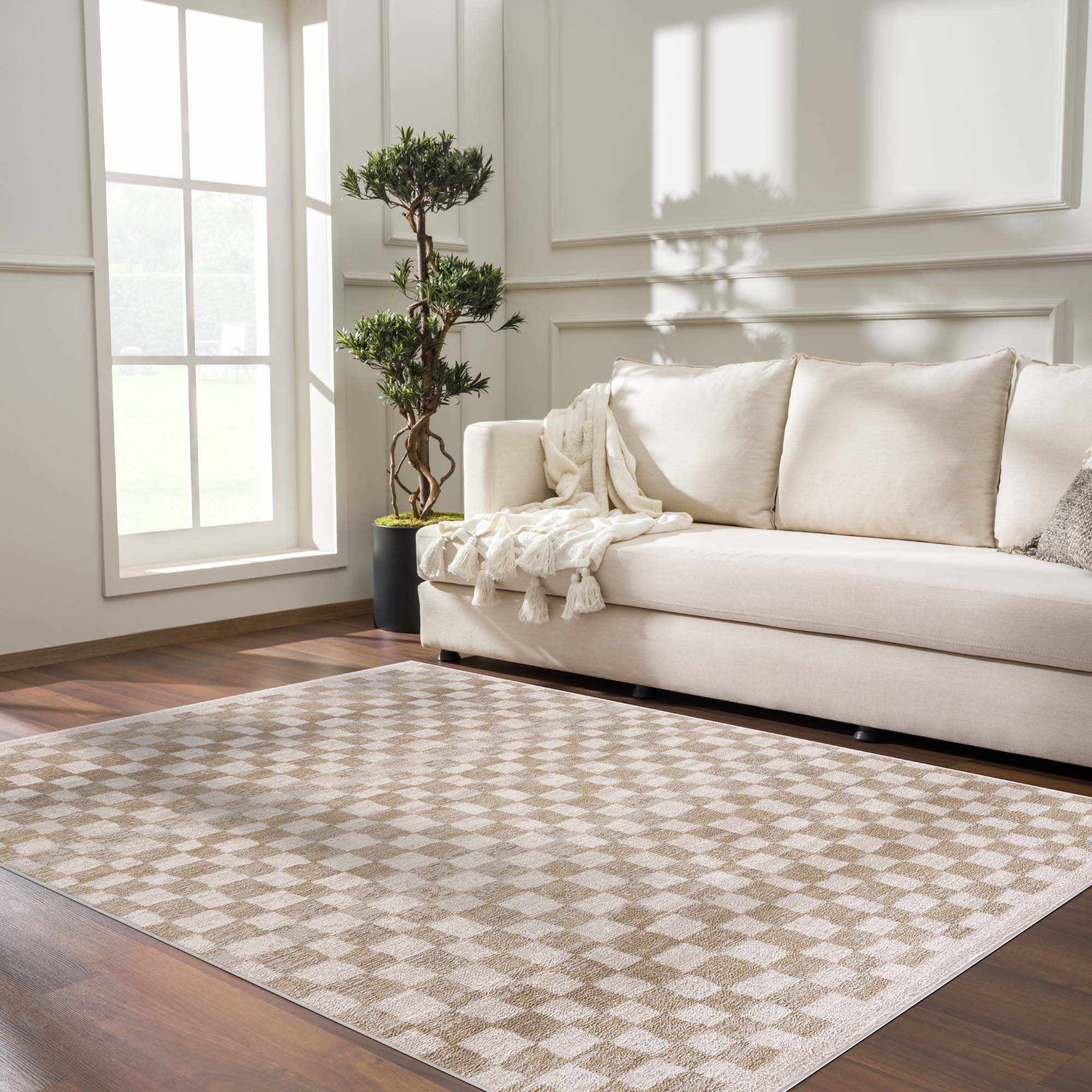 Benjy Cream & Gold Checkered Area Rug by Hauteloom